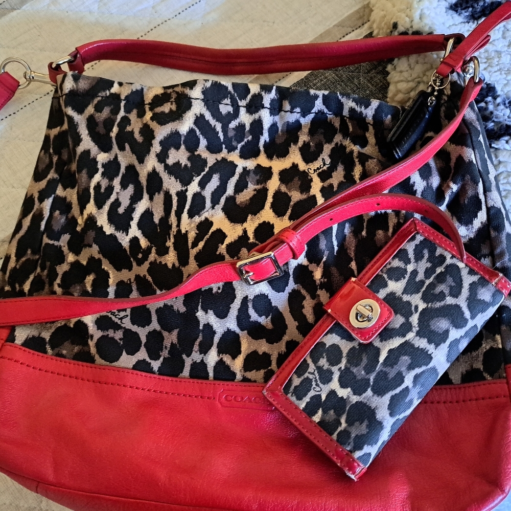 Coach Park Ocelot Tote Hobo Animal Print Red with matching wallet